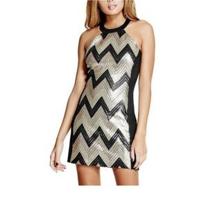 G BY GUESS SABINA GOLD BLACK SEQUIN DRESS SZ S
